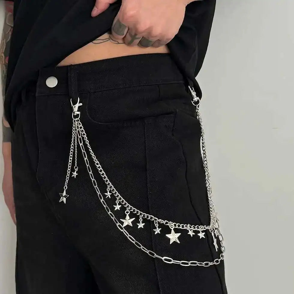 Trendy Hip Hop Double Layer Jeans Pants Chain Men Women Creative Star Pendant Bag Waist Chain Steampunk Jewelry Gift