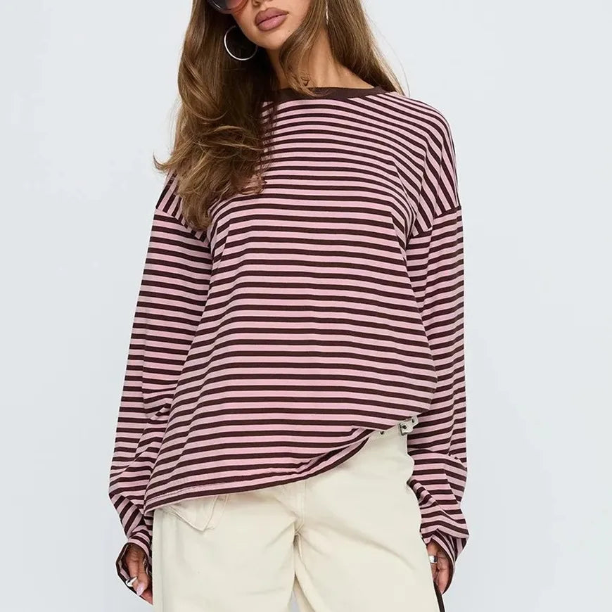 Striped Long Sleeve Shirt Women Y2k Oversized Crewneck Vintage Tops Fall Winter Drop Shoulder Cute Preppy Pullover