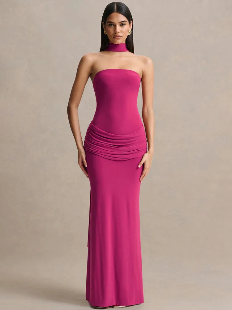 Women Strapless Mermaid Sexy Maxi Dress Detachable Choker Neck Tie Ruched Waist Bodycon Long Evening Party Dress