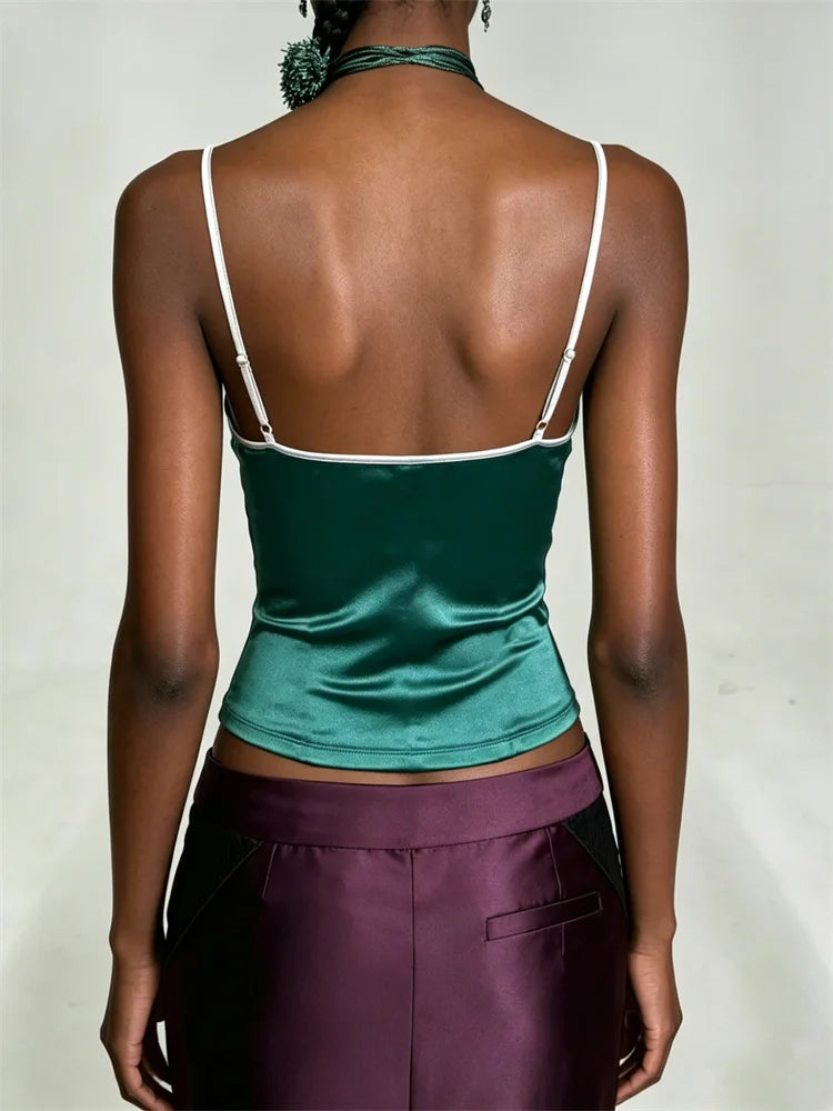Shape Waist Bow Decoration Camisole Tops Woman Summer Line Patchwork Low-Neck Backless High Street Sexy Fashion Tank Tops