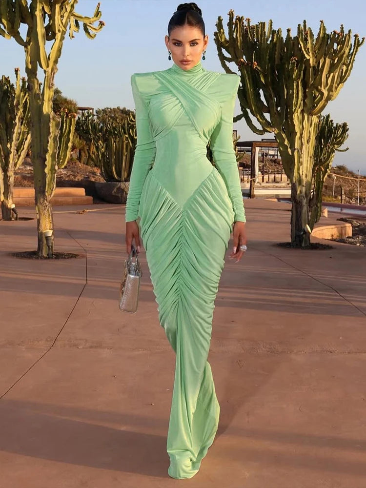 Autumn New Style Maxi Dress Women Turtleneck Full Sleeve Backless Skinny Stretch Prom Party Ruched Elegant Vestidos