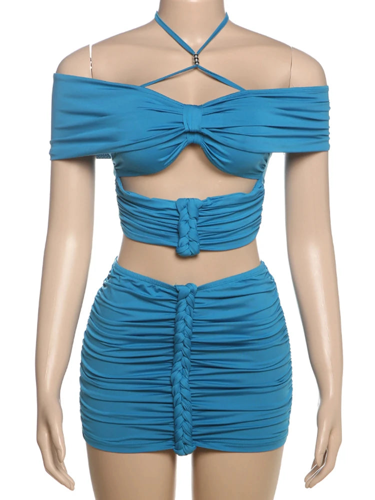 Ruched Elegant 3 Piece Set Women Beaded Halter Off Shoulder Crop Tops+Solid Vests+Mini Skirts Beach Style Party Suits