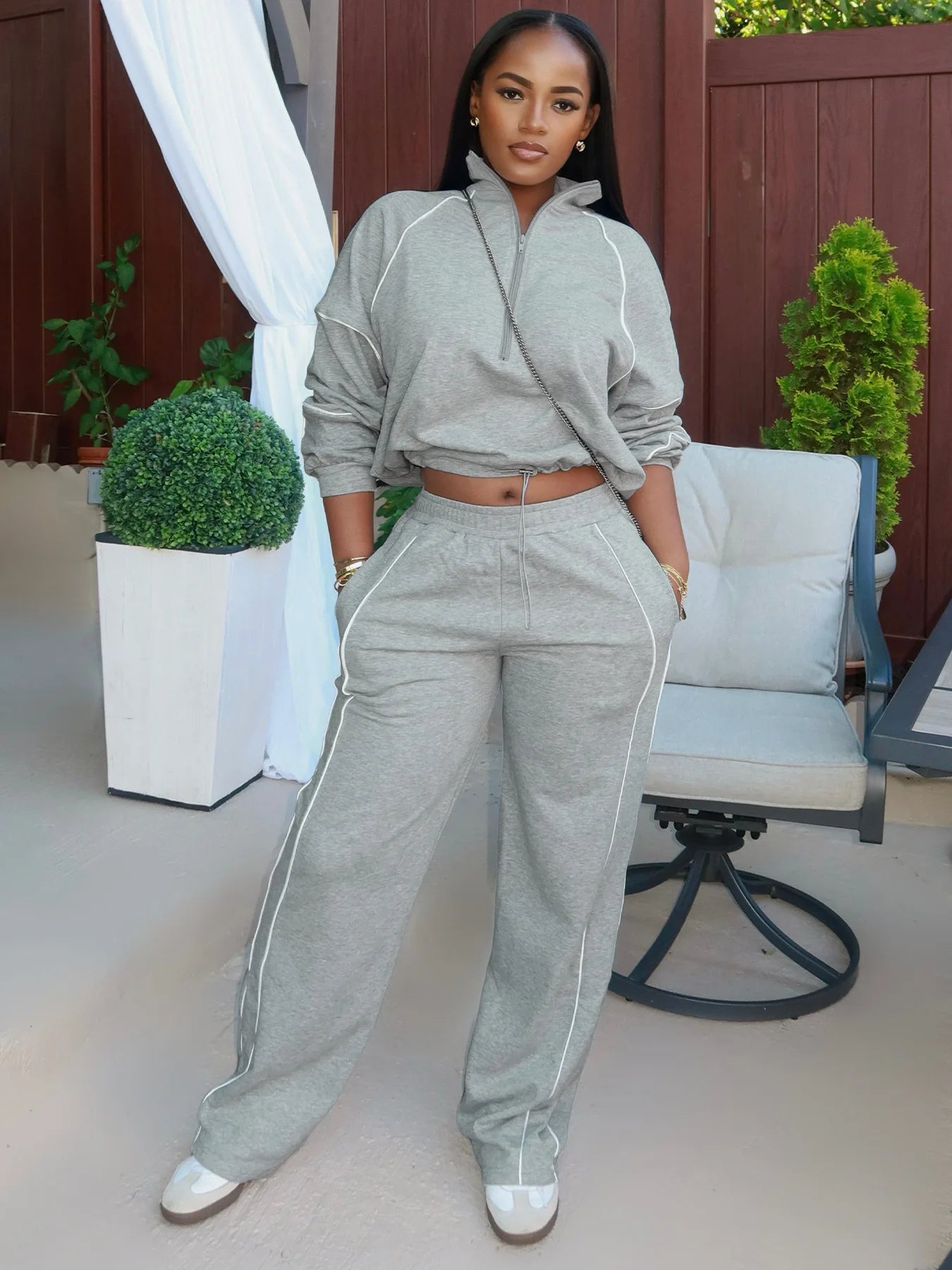Sporty 2-Piece Set Women Zip Polo-Neck Drawstring Crop Tops+Stripe Pants Matching Simple Casual Tracksuit Streetwear
