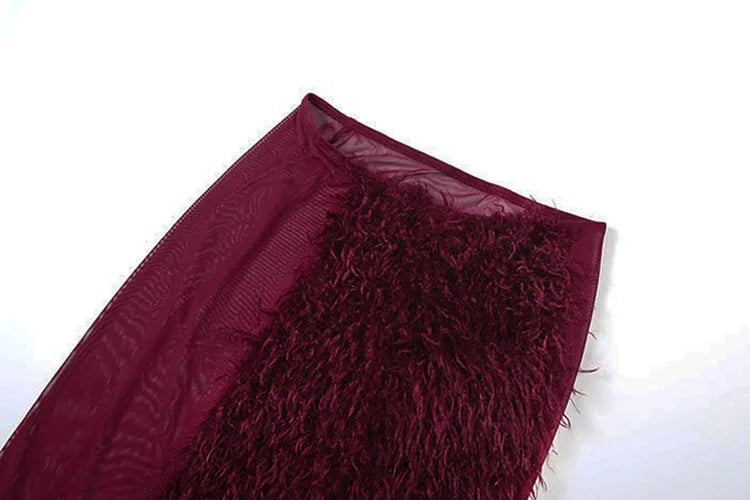 Slim See Through 2 Piece Set Woman Turtleneck Full Sleeve Bodysuits+Furry Patchwork High Splits Skirts Sexy Mesh Outfits