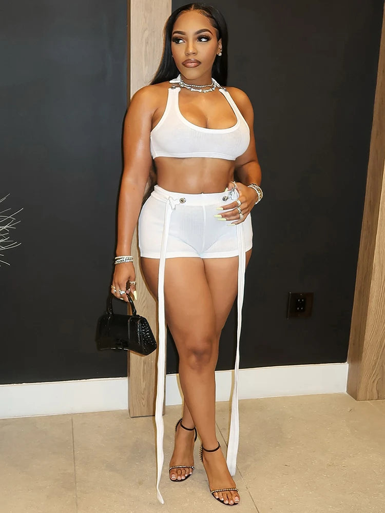 Metal Buckle Decoration 2 Piece Set Women Square Collar Tank Tops+Long Ribbon Shorts Hottie High Street Style Outfits