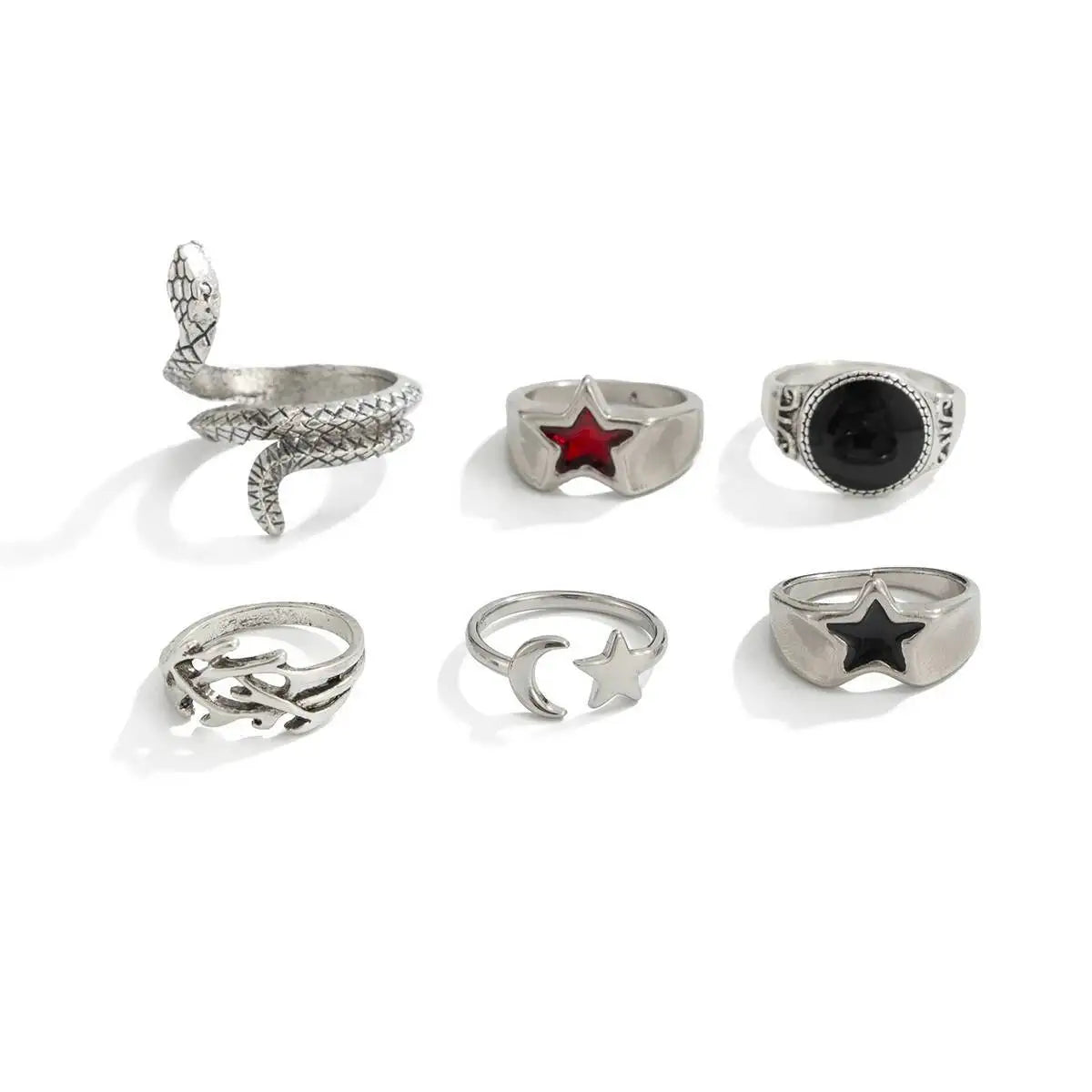 6Pcs New Gothic Snake Open Rings Set for Men Punk Irregular Stars Adjustable Knuckle Ring Halloween Jewelry Accessories