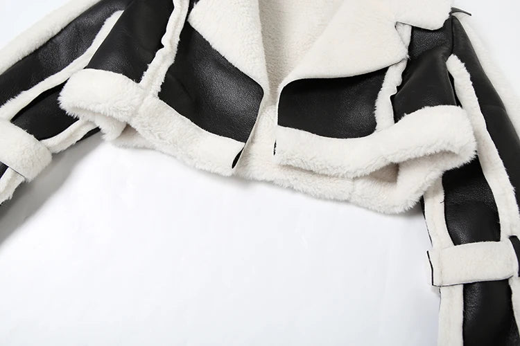 Furry Patchwork Women Crop Jacket Hipster Full Sleeve Open Stitch Hipster Streetwear Warm Outwear Basic Wild Coat