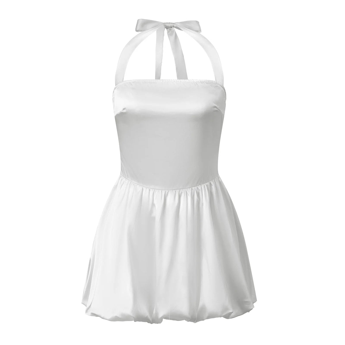 Women's Satin Halter Neck Mini Dress Tie Back Bow Bubble Skirt A-Line Sleeveless Bodycon Party Clubwear Cocktail Dress