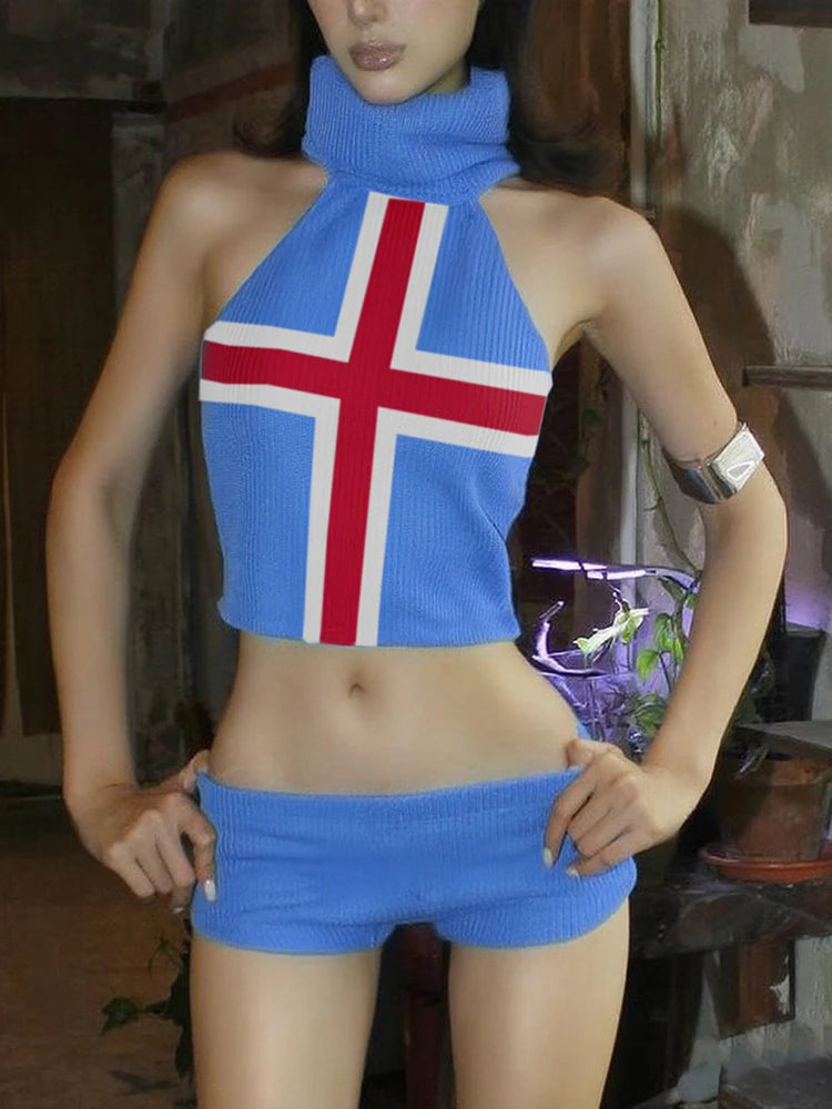 Knit 3 Piece Set Women Tracksuit Sexy Turtleneck Tank Tops+Shorts Matching Vacation Beach Party Clubwear Summer Suit