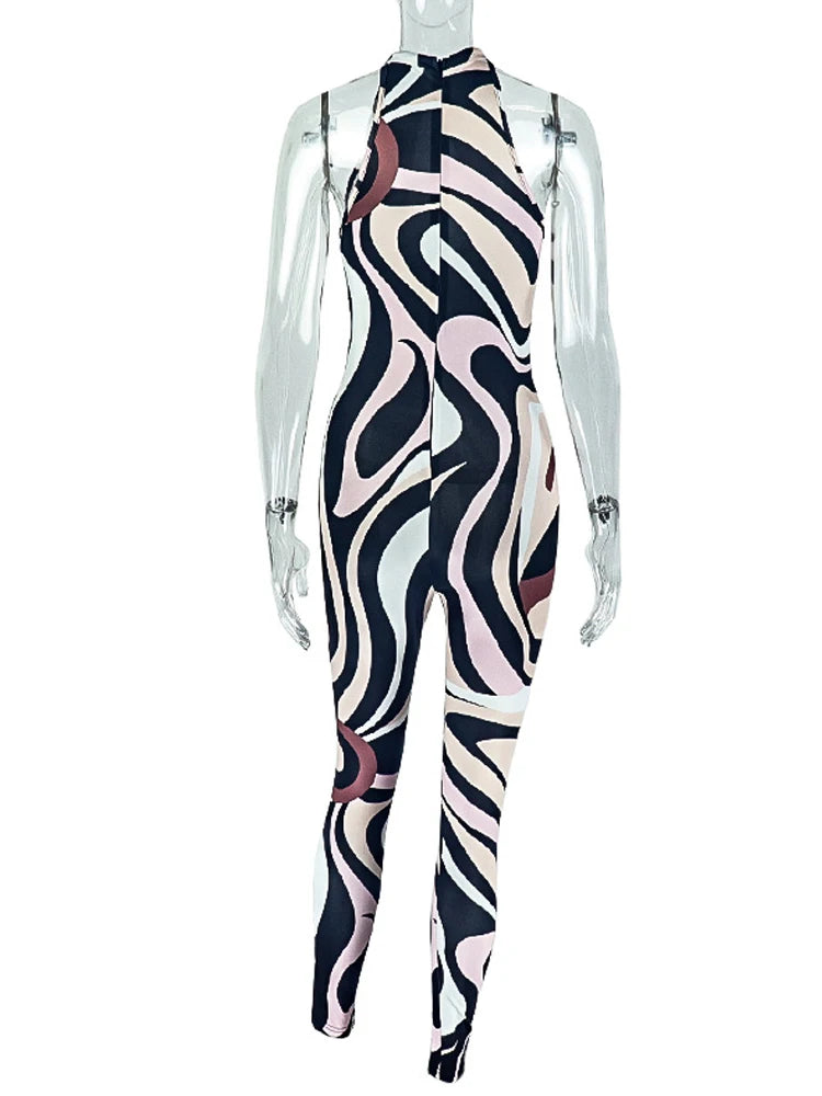 Zebra Print Jumpsuit Women o-Neck Sexy Hollow Off shoulder Sleeveless Skinny Peach Hip Hottie Street Fashion Overalls