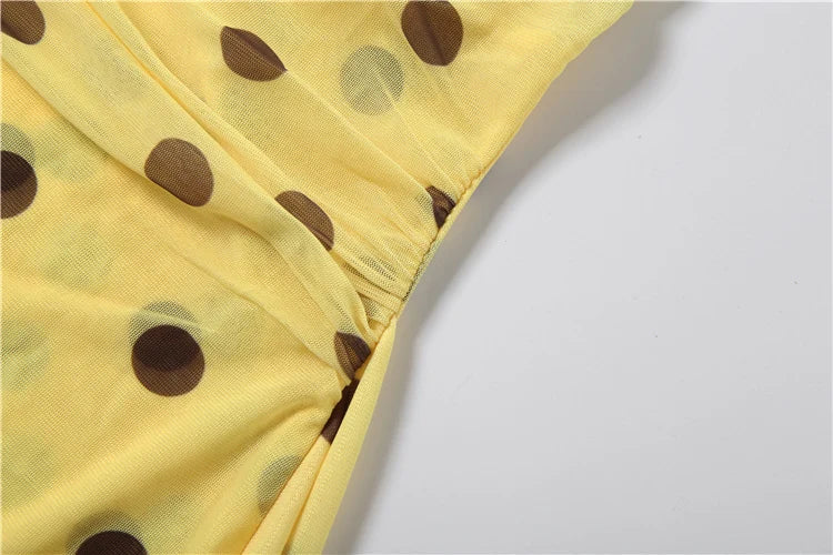 Backless Mesh Dress Women Sexy Polka Dot Print Swing Collar Halter Irregular Hem Fashion Vacation Party Club Bodycon