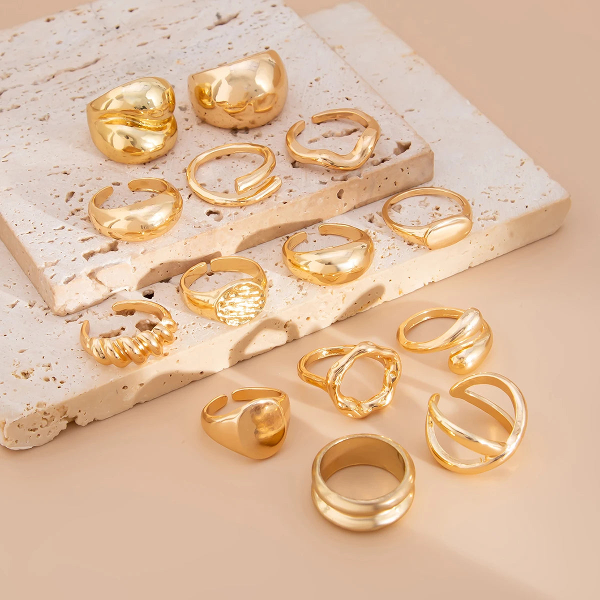 14Pcs/Set Creative Smooth Open Rings for Women 2025 New Fashion Goth Gold Color Adjustable Finger Rings Daily Jewelry