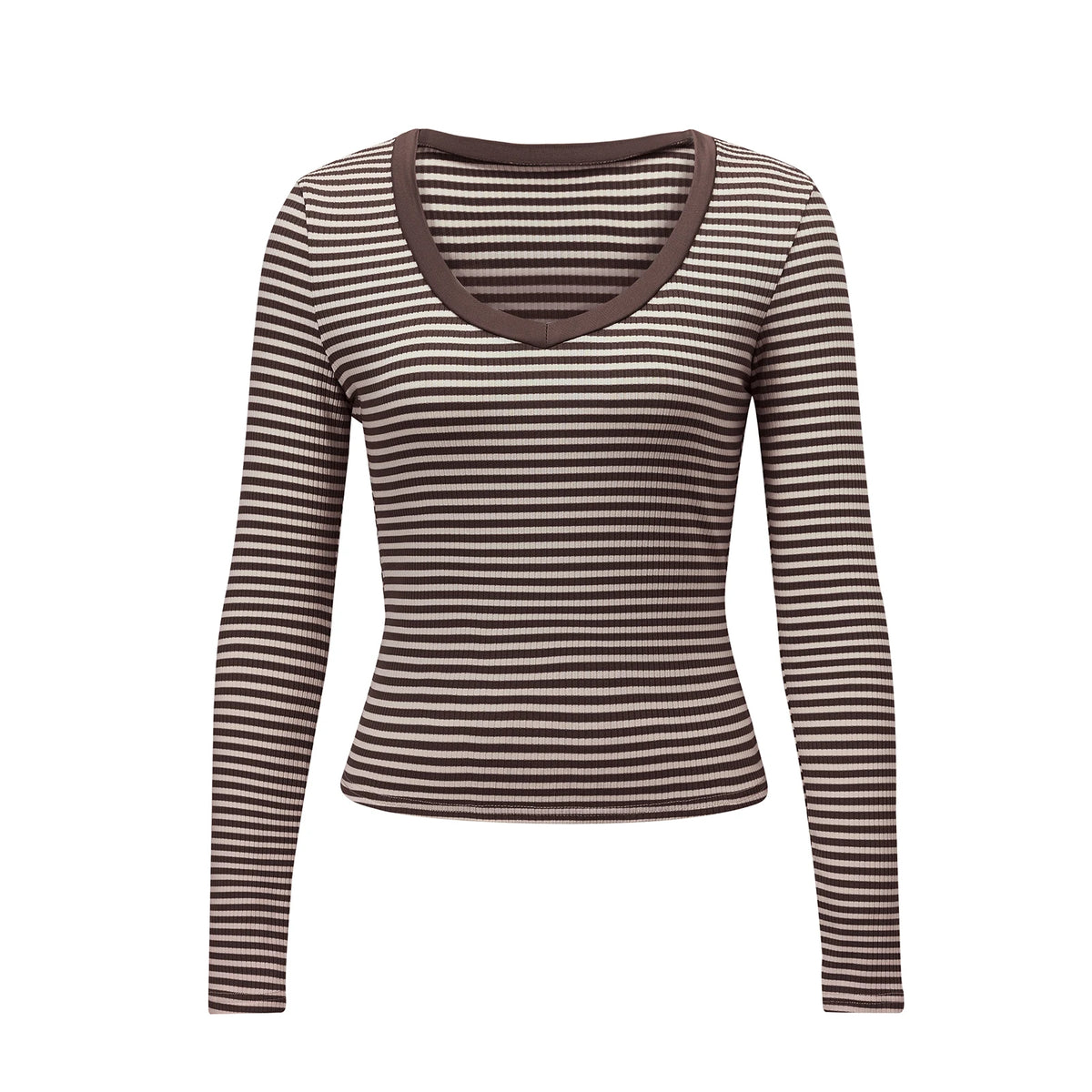 Women Striped Contrast Binding V Neck Long Sleeve Crop Top Ribbed Slim Fitted T Shirt Y2K Sexy Fall Casual Streetwear