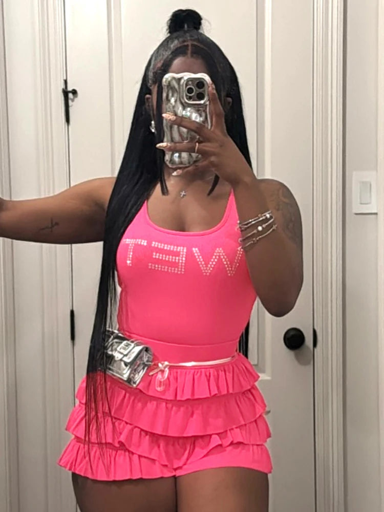 Sexy Fashion 2 Piece Set Women Rhinestones Letter Print Tank Tops+Ruched Tierred Shorts Hot Girls Hipster Streetwear