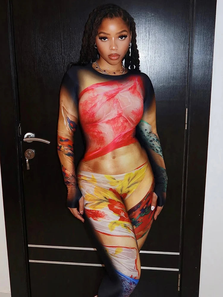 Colorful Print Jumpsuit Women Sexy o-Neck Full Sleeve Skinny Peach Hip Hot Girls Street Fashion Wild Style Overalls