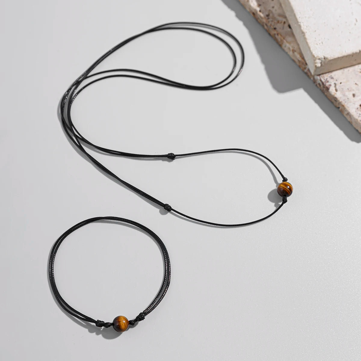 2Pcs Goth Simple Black Leather Wax Thread Chain Necklace Bracelet for African Men Stone Beads Choker Male Jewelry Set