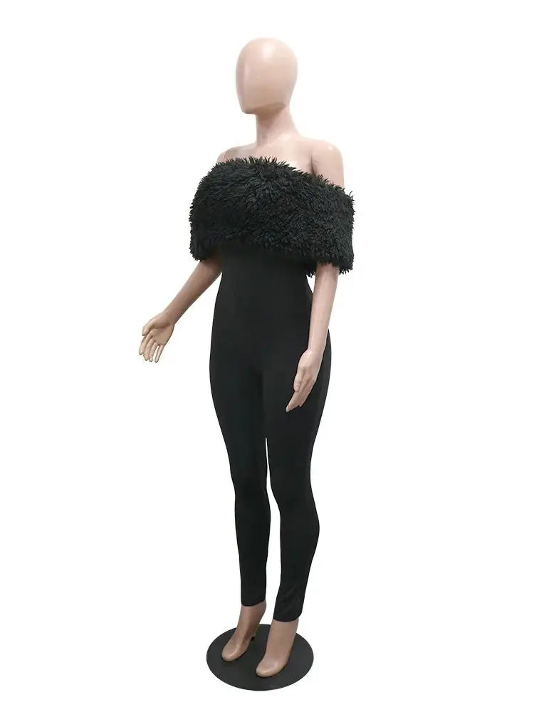 Furry Slash Neck Jumpsuit Women Skinny Fitness Fall Trend Hipster Fitness Elegant Stretch Streetwear Workout Overalls