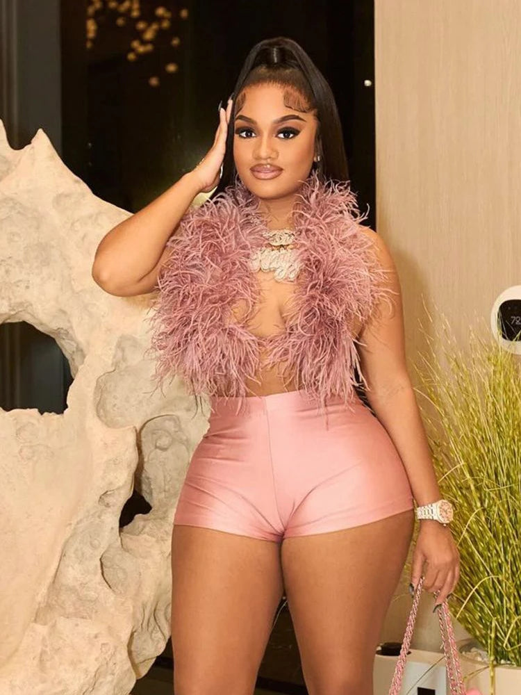 Sexy Hipster 2 Piece Set Women Y2K Summer Luxury Furs Tank Tops+Tight Stretch Shorts Midnight Clubwear Party Suits