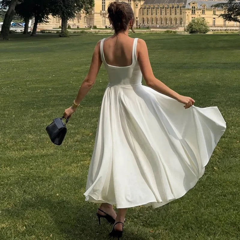 Elegant Square Collar Sleeveless A-line Long Dresses for Woman Summer Solid Color Dressy Dresses