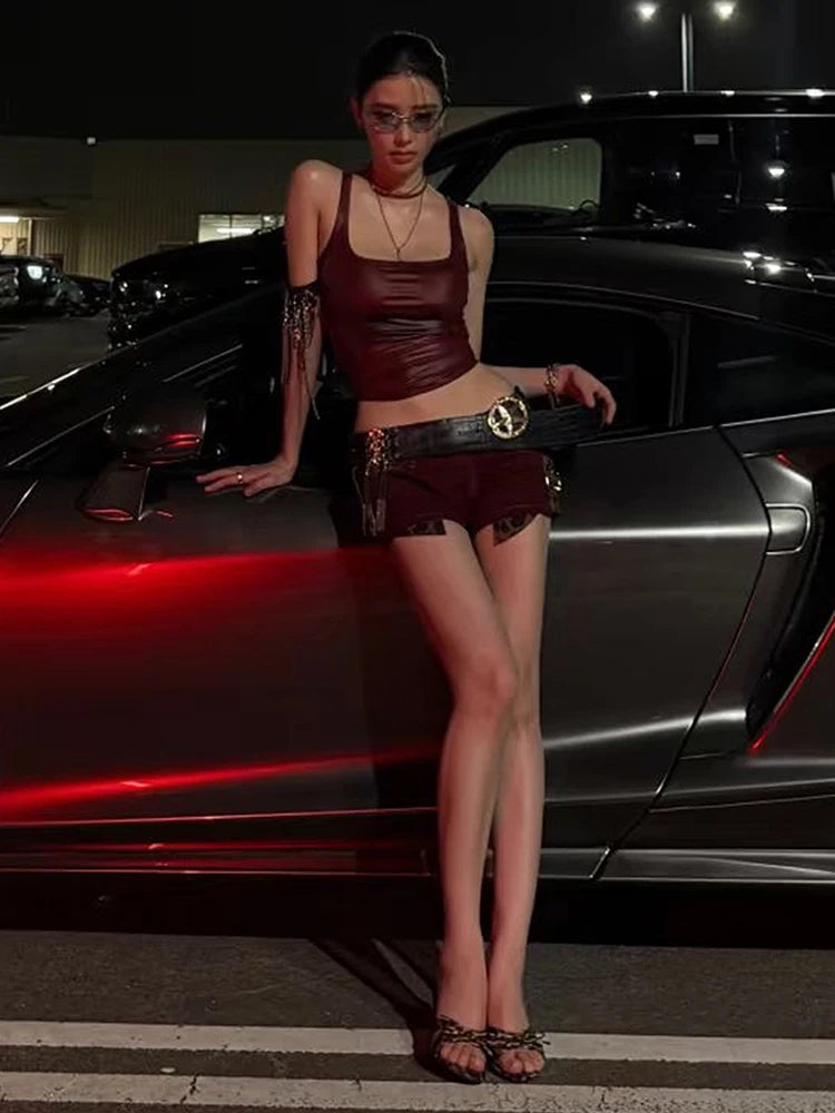 Faux Leather Camisole Tops Women Y2K Coquette Square Collar Skinny Midnight Street Club Trend Hottie Wild Basic Vest