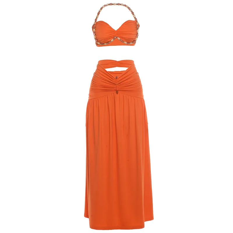 Women 2 Piece Outfit Beaded Halter Bandeau Top Cutout Maxi Skirt Set Ruched Beach Vacation Party Two‑Piece Dress Set