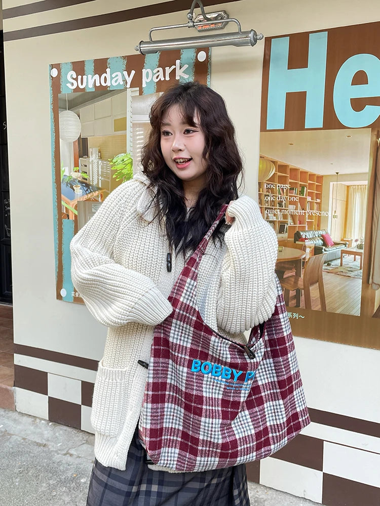 Y2K Korean Plaid Letter Embroidery Large Capacity Tote Bag For Women