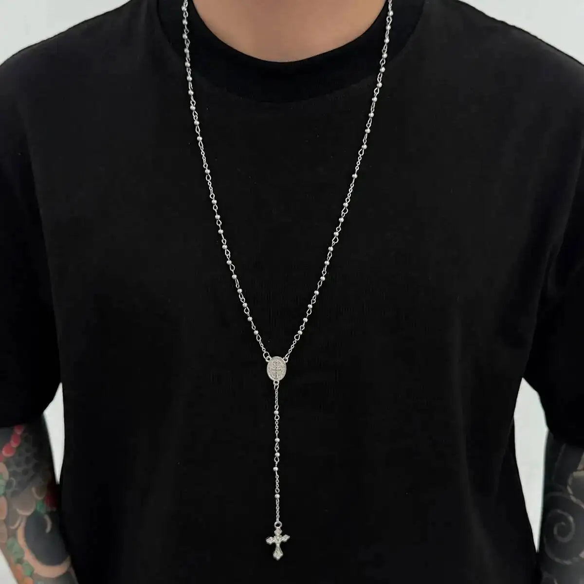 Stainless Steel Jesus Cross Pendant Necklace for Men, Long Chain, Bead Chain, Punk Jewelry, Christian, Hip Hop, 3 Styles