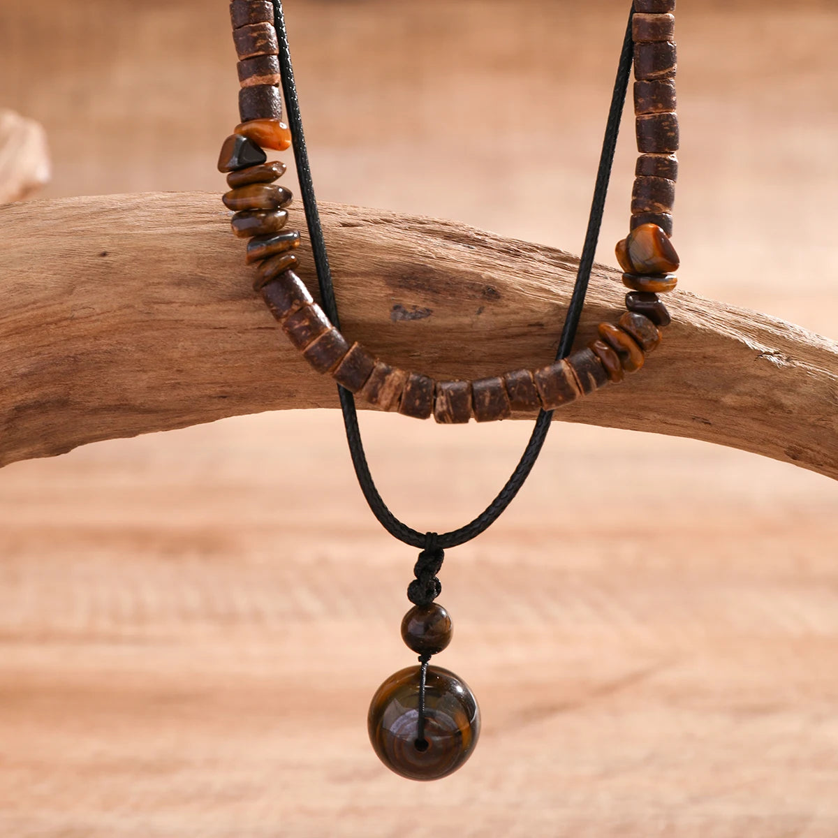 2Pcs/Set Bohemian Round Natural Stone Pendant Necklace for Men Vintage Ethnic Wood Bead Chokers Male Fashion Jewelry Accessories