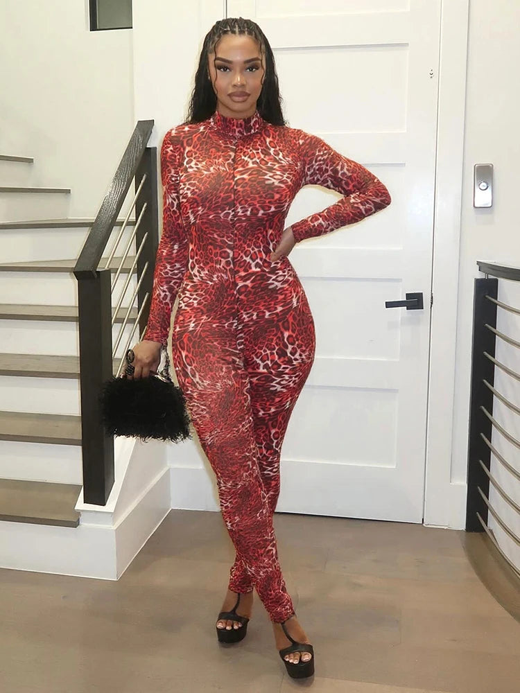 Leopard Print Jumpsuits Women Mesh Patchwork Turtleneck Backless Full Sleeve Skinny Peach Hip Hottie Hipster Overalls
