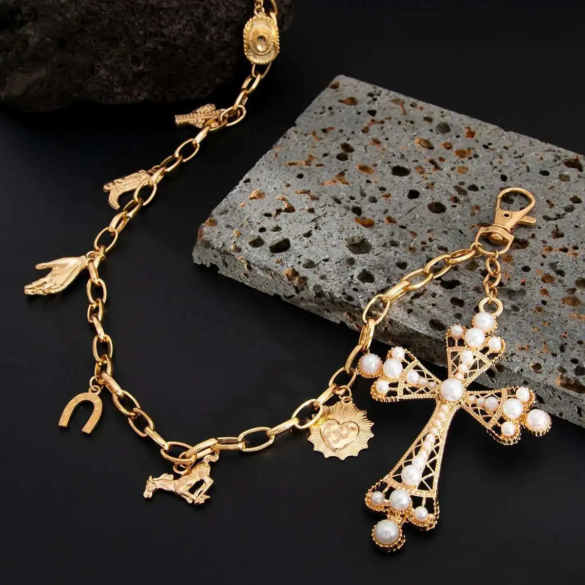 Hip Hop Cowboy Hat Boots Cross Pendant Keychains Jeans Pants Wallet Belt Bag Chain for Men Women 2025 Jewelry Gifts New