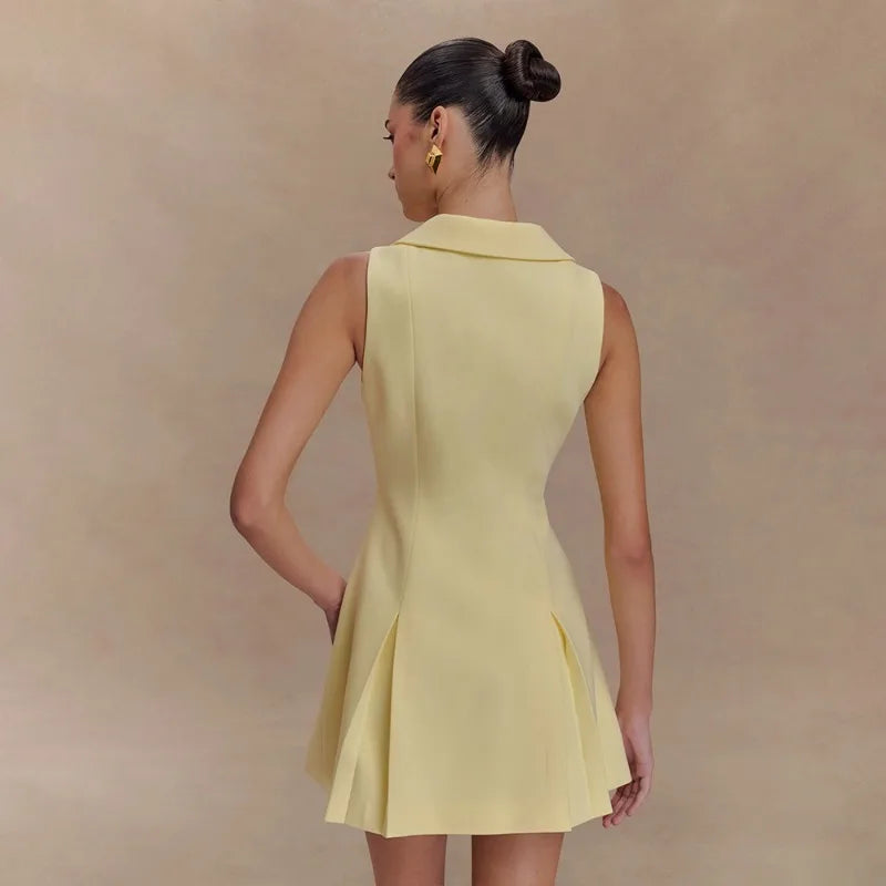 Turn-down Collar Button Up Sleeveless Pleated Mini Dress White Elegant Dresses Woman 2025