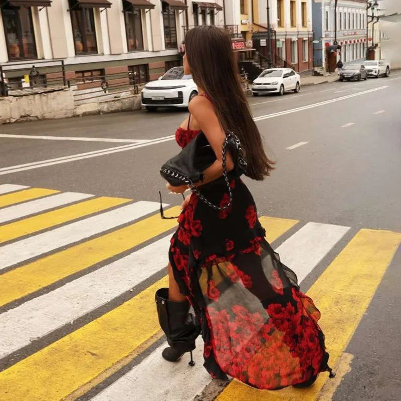 Red Floral High Low Dress 2025 Woman Sexy Sleeveless Asymmetrical Ruffled Long Dresses