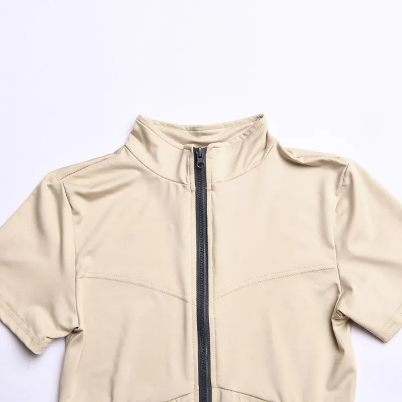 Athletic White Bodycon Romper Women Short Sleeve Zipper Flare Leg Jumpsuit One Pieces Outfits Active Wear