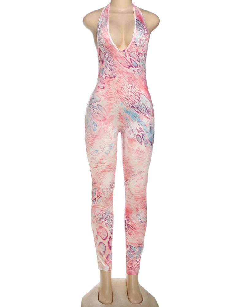 Colorful Print Jumpsuit Women Halter Deep v-Neck Sexy Backless Sleeveless Skinny Peach Hip Street Activity Overalls