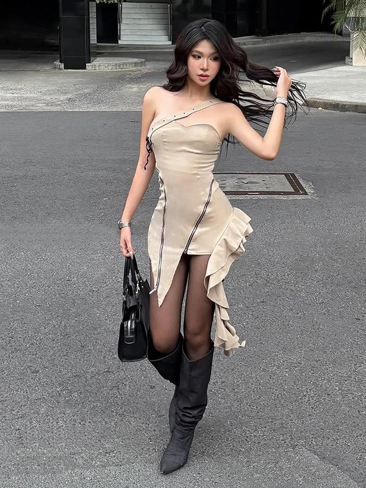 Sexy Irregular Dress Women Zip Tierred Ribbon Chest Wrapped Sleeveless Street Stretch Skinny Clubwear Mini Bodycon