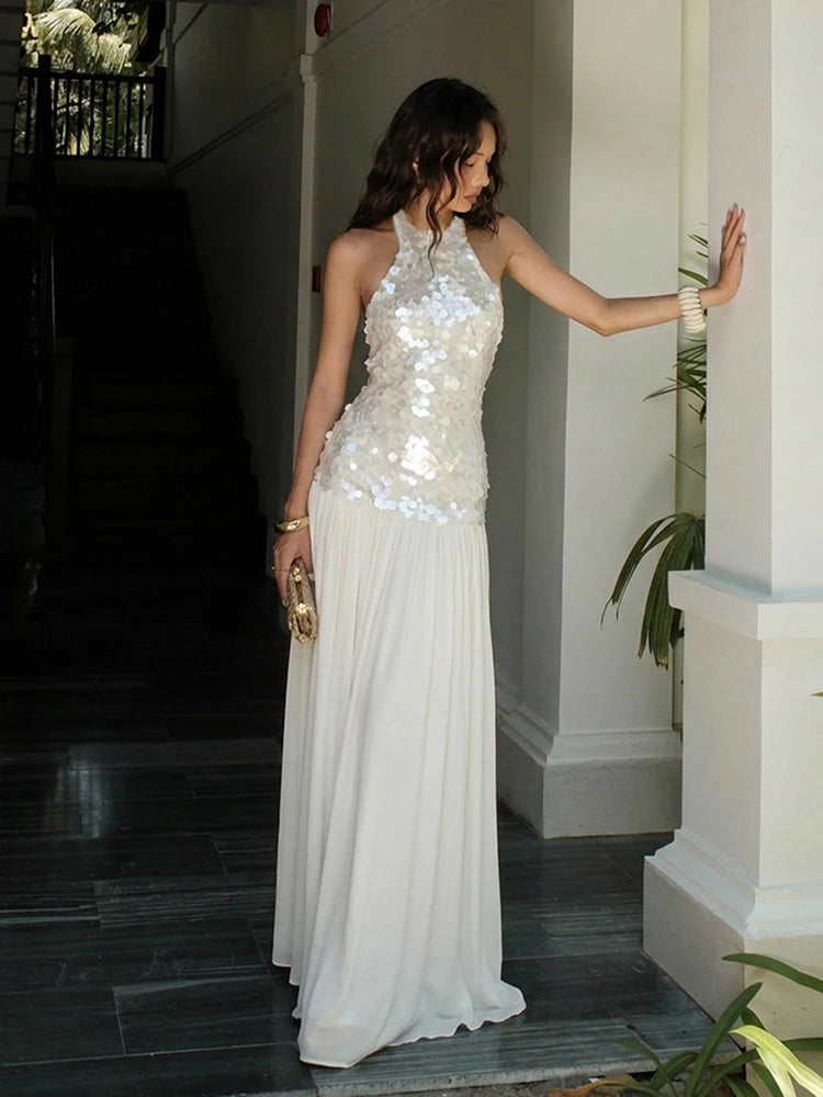 Sequin Maxi Dress Women o-Neck Sleeveless Patchwork Folds Skinny Chic Vacation Summer Wedding Party Fashion Vestidos