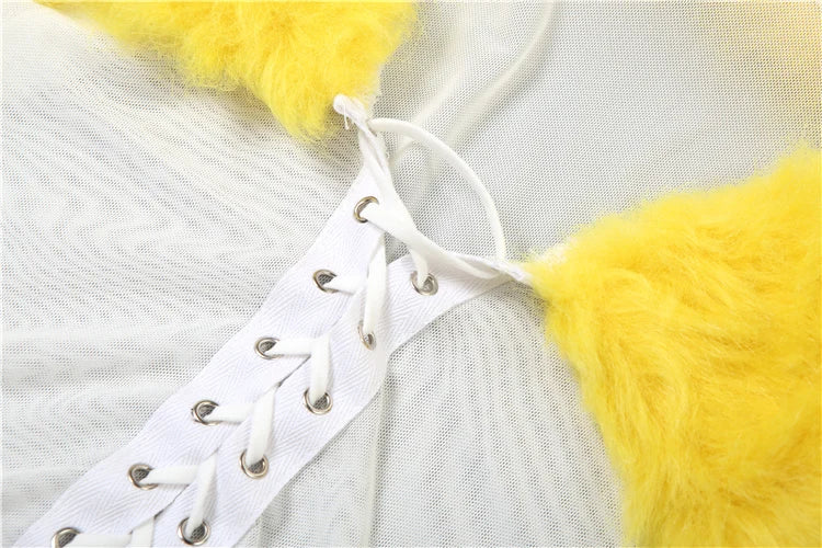 Furry Patchwork 2 Piece Set Women Hipster Mesh Shirring Full Sleeve Crop Tops+Bike Shorts Skinny Y2K Street Clubwear