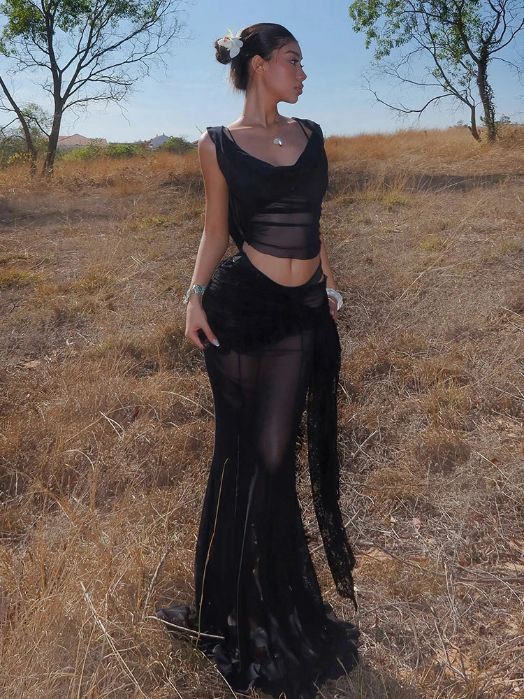 Sexy See Through 4 Piece Set Women Hooded Crop Tops+Solid Bra+Underwear+Ruched Ribbon Skirts Vacation Elegant Outfits