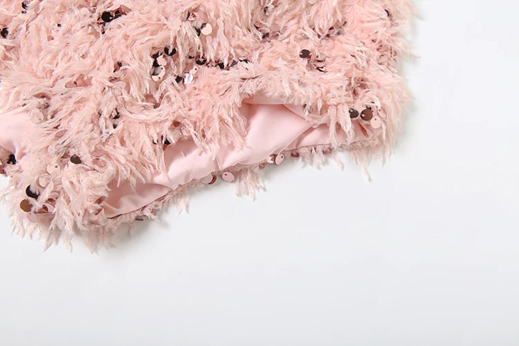 Chic Sweet 2Piece Set Women Backless Edible Tree Fungus Lace-Up Ruched Hollow Thin Tank Top+Furry Sequins Shorts Clubwear