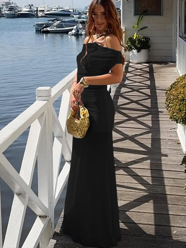 2 Pieces Set for Woman Vacation Outfits Satin Mesh Patchwork Long Skirt and Off Shoulder Backless Crop Top