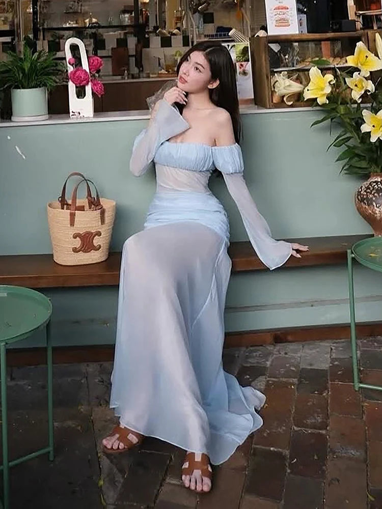 Off-Shoulder Maxi Dress Women Full Sleeve Folds See Through Hem Elegant Vacation Birthday Party Chic Autumn Vestidos