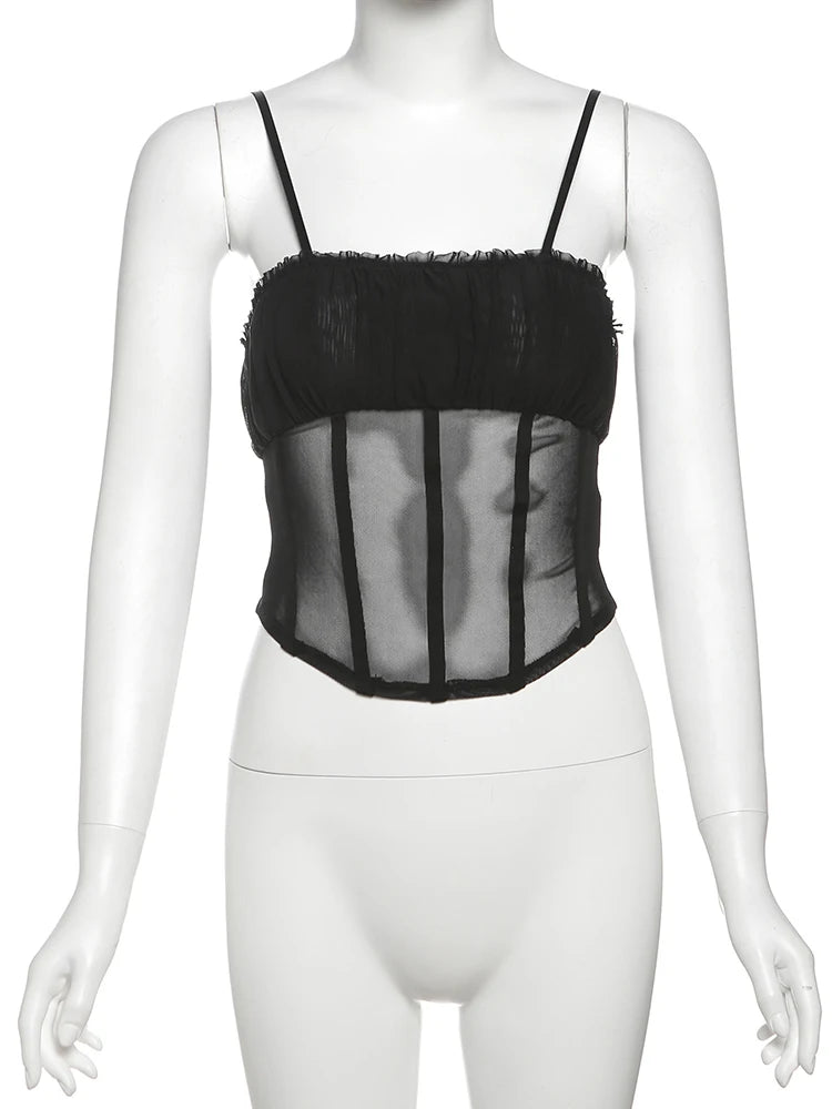 Mesh See Through 2 Piece Set Women Sexy Backless Camisole+Contrast Patchwork Ruched Skirts Hot Girls Wild Style Suits