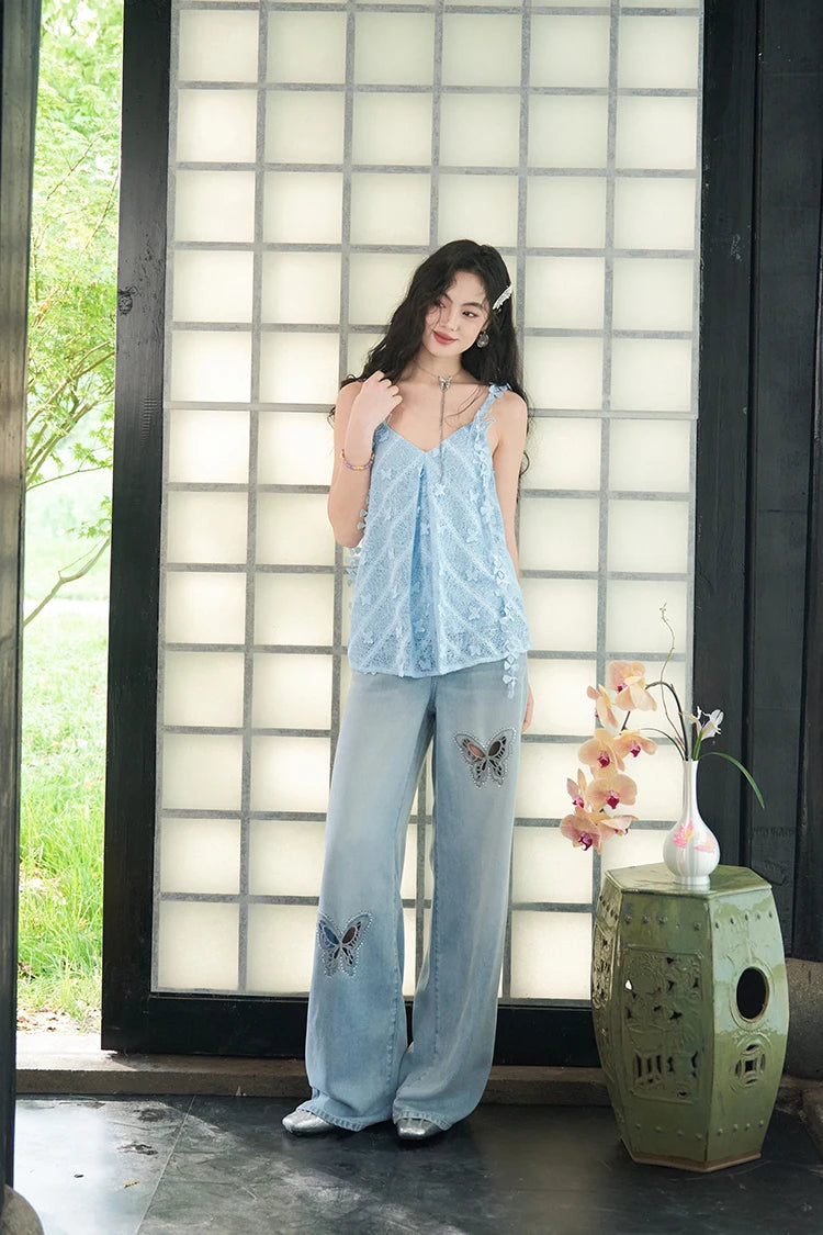 Floral 3D Lace Cami Top, V-Neck Flowy Sheer Tank Top, Romantic Casual Summer Camisole for Women