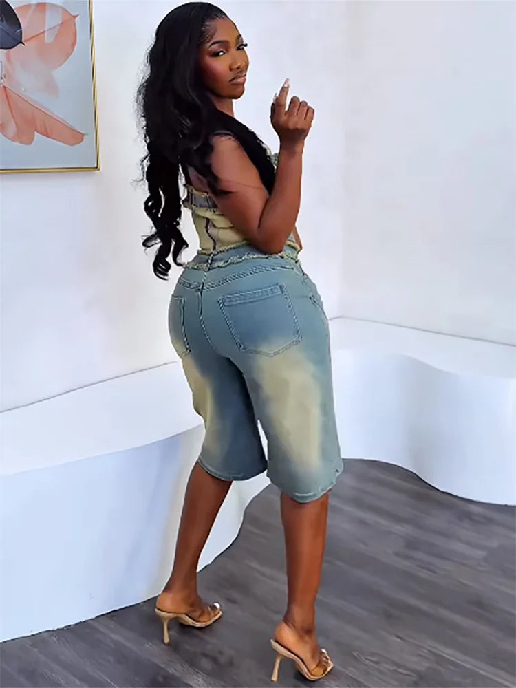 Cowboy 2 Piece Set Women Vintage Hipster Wrap Zip Backless Tube Tops+Button Straight Shorts Sexy Summer Matching Suit