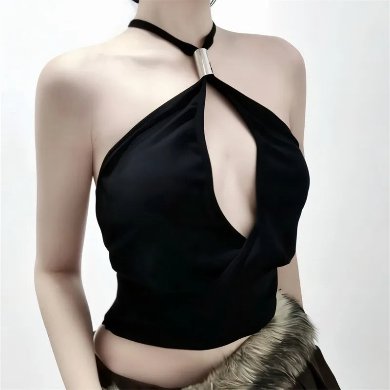 Hardwear Detail Hollow Backless Halter Top Black Tanks & Camis Sexy Summer Deep V Neck Crop Tops Woman