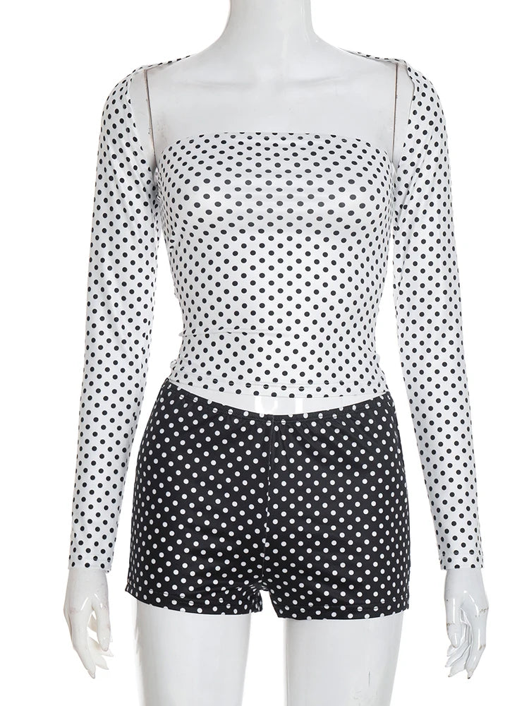 Sexy Polka Dot 3-Piece Set Women Cape Sleeves+Chest Wrapped+Shorts Matching Sweet Simple Basic Stretch Skinny Outfits