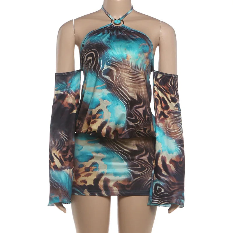 Multi-animal Print Halterneck Mini Dress with Long Flared Sleeves Fashion 2026 Fall Dresses for Women