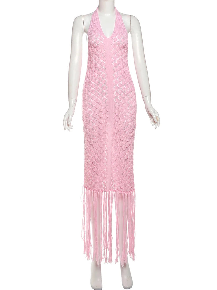 Crochet Elegant Dress Women Halter Low-Neck Backless Splits Ruched Tassel Vacation Fashion Beach Party Long Bodycon
