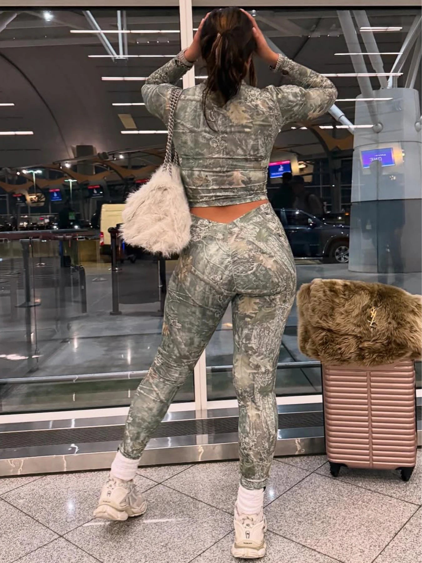 Twig Print Women Tracksuit Two Piece Set Tight Stretch Full Sleeve Crop Jacket+Leggings Matching Streetwear Outfits