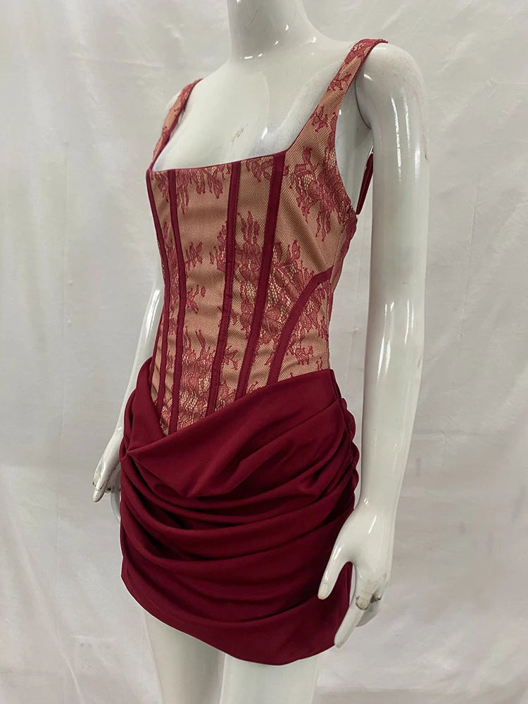 Lace Corset Mini Dress Women Square Neck Wide Strap Ruched Satin Bodycon Short Dress Club Party Cocktail Vestidos